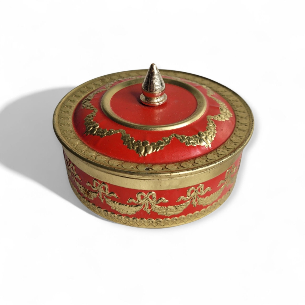 Vintage Ornate Embossed Red and Gold Lidded Tin